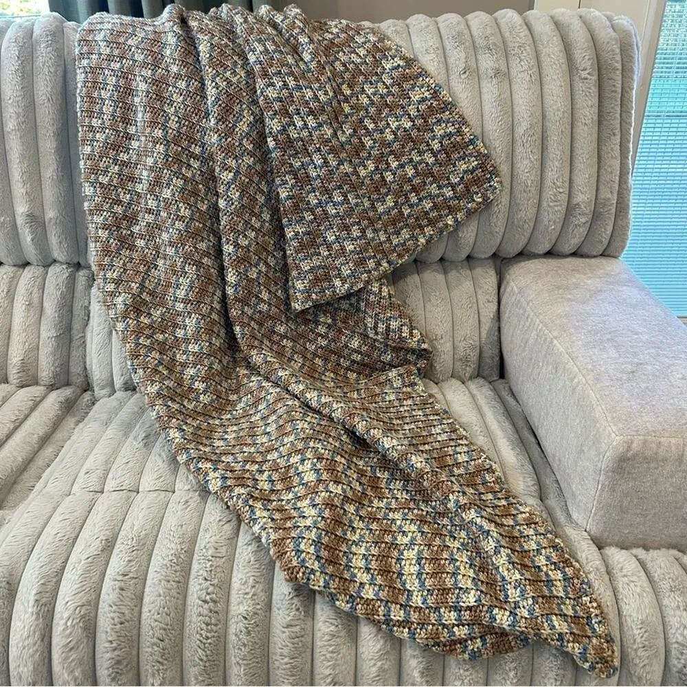 Crochet Blanket in Blues/Browns/Cream colors size L 60” x W 41”